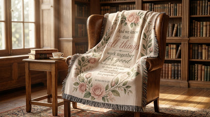 Romans 8:28 Woven Blanket | Floral Christian Gift