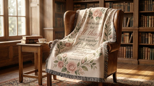 Romans 8:28 Woven Blanket | Floral Christian Gift