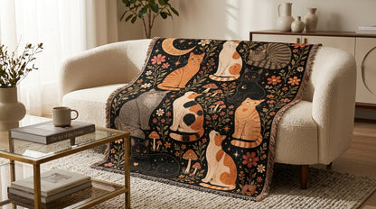 Whimsical Cat Garden Poster | Folk Art Moon & Floral Cat Wall Art
