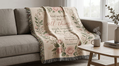 Romans 8:28 Woven Blanket | Floral Christian Gift