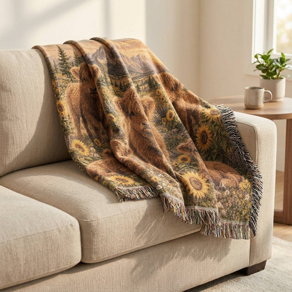 Highland Cow Woven Blanket – Sunflower Calf Throw, Rustic Farmhouse Decor