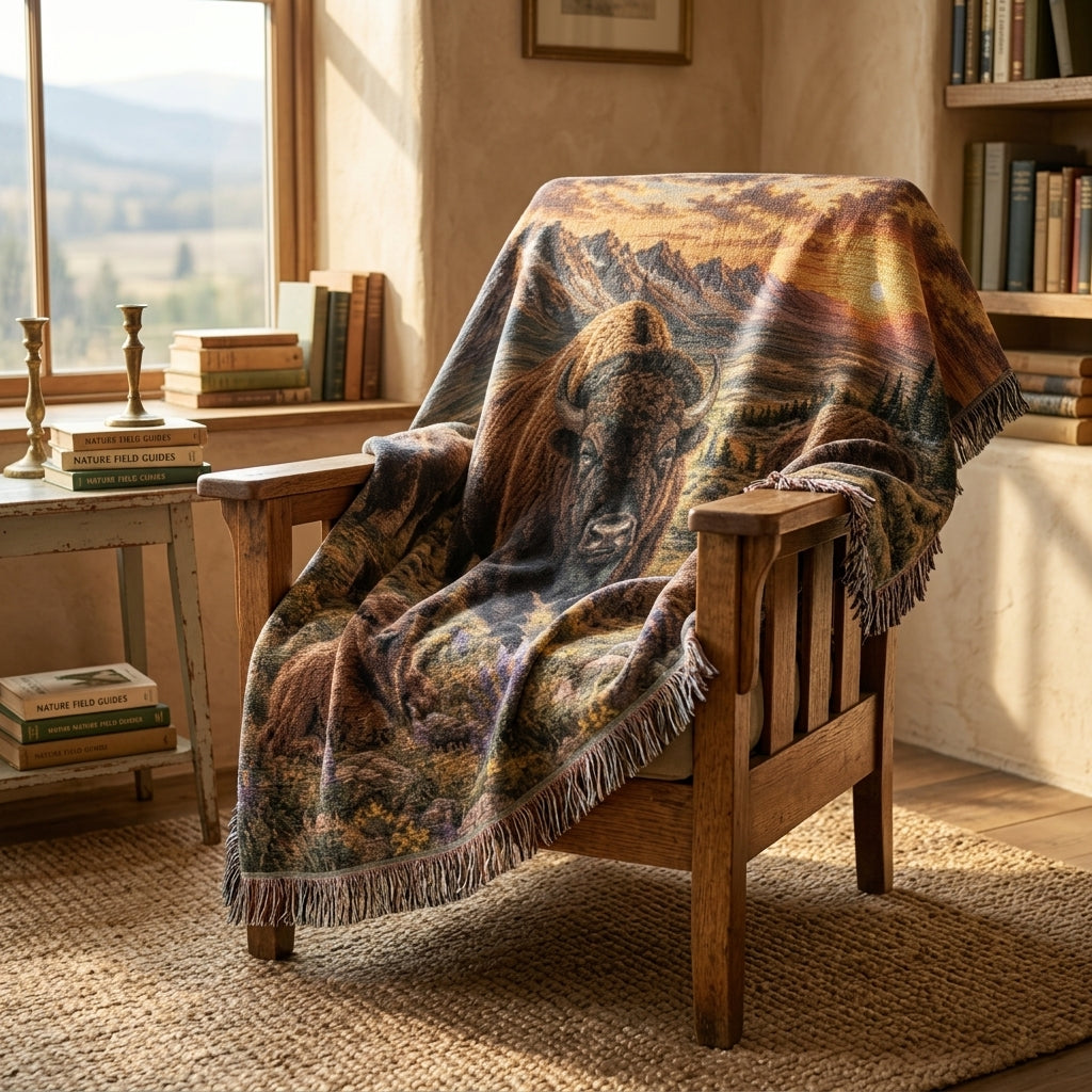 Bison Family Woven Blanket – Western Mountain Sunset Throw, Rustic Wildlife Decor