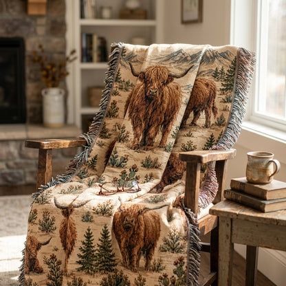 Highland Cow Woven Blanket – Rustic Western Ranch Throw, Neutral Farmhouse Decor