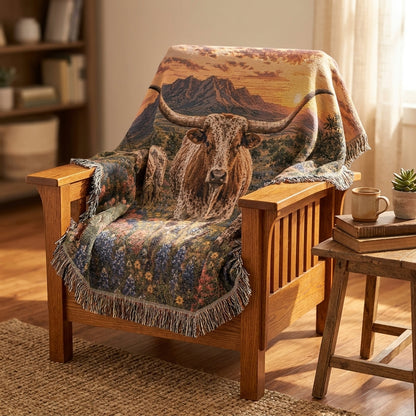 Texas Longhorn Woven Blanket – Western Sunset Throw, Bluebonnet Ranch Decor