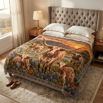 Texas Longhorn Family Woven Blanket – Western Bluebonnet Ranch Throw