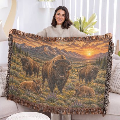 Bison Family Woven Blanket – Western Mountain Sunset Throw, Rustic Wildlife Decor