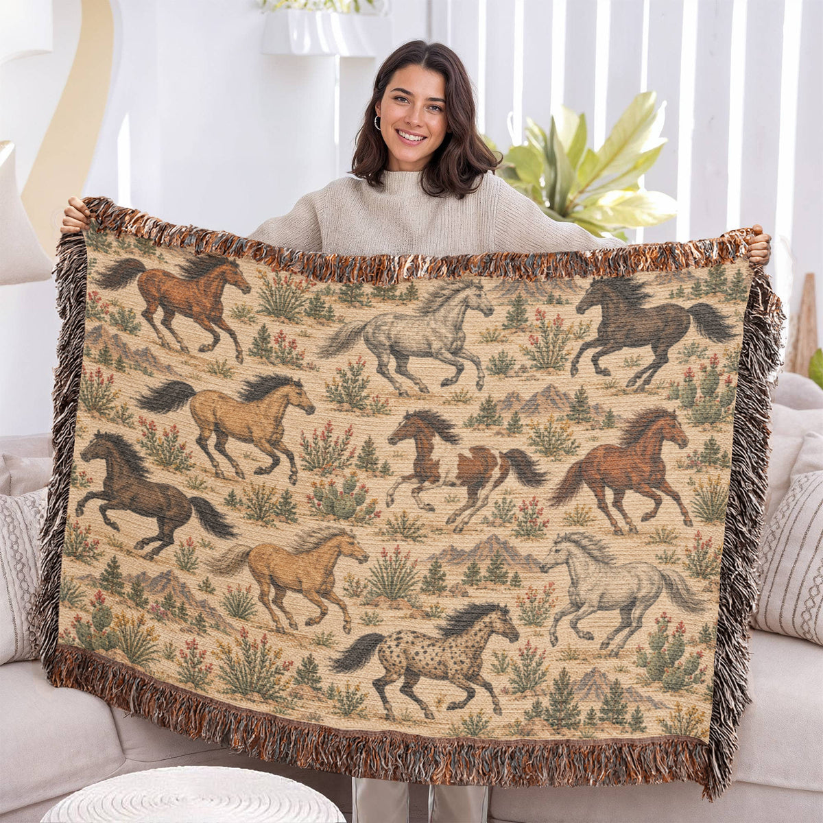 Western Horse Woven Blanket – Galloping Horses Desert Throw, Rustic Ranch Decor