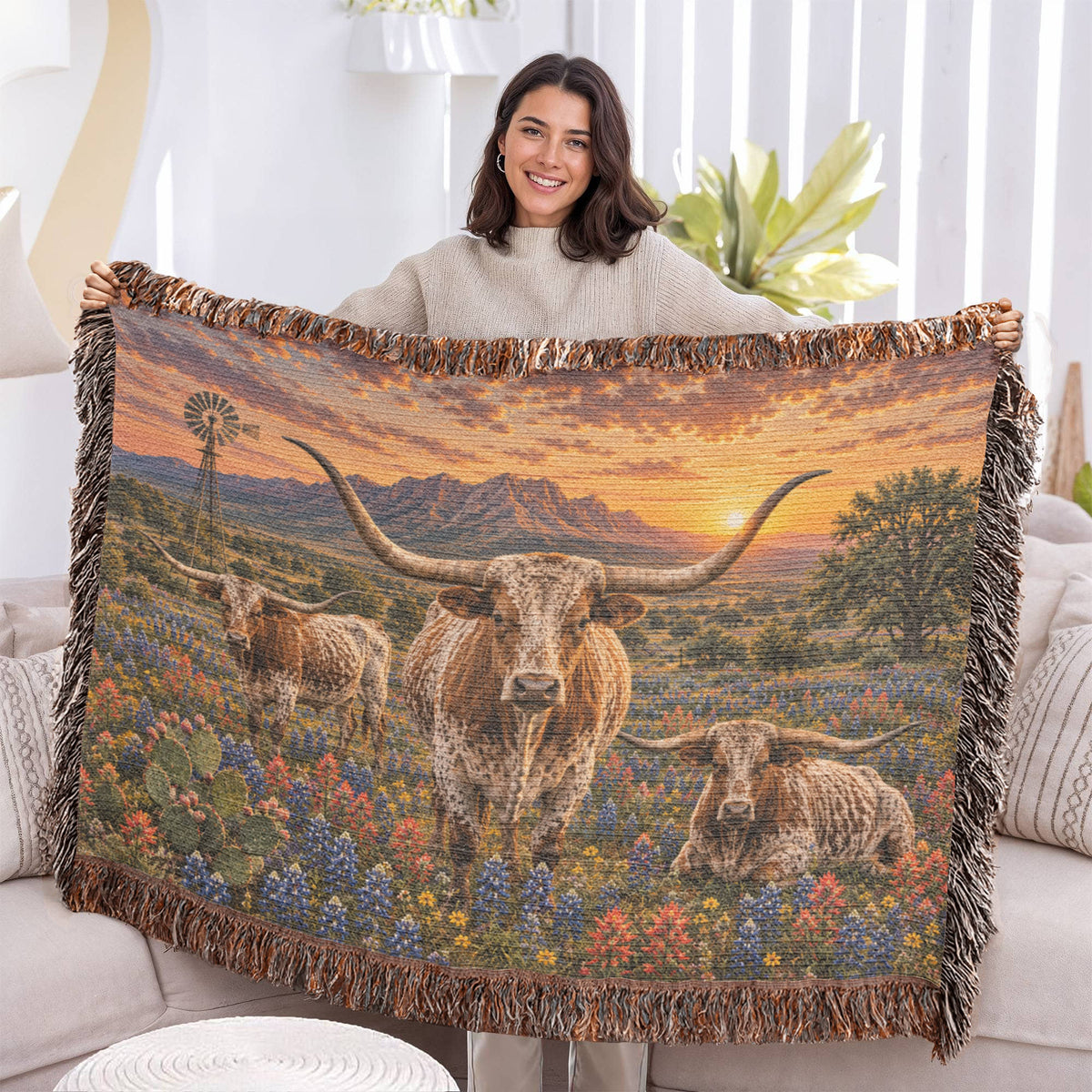 Texas Longhorn Woven Blanket – Western Sunset Throw, Bluebonnet Ranch Decor