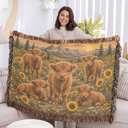 Highland Cow Woven Blanket – Sunflower Calf Throw, Rustic Farmhouse Decor