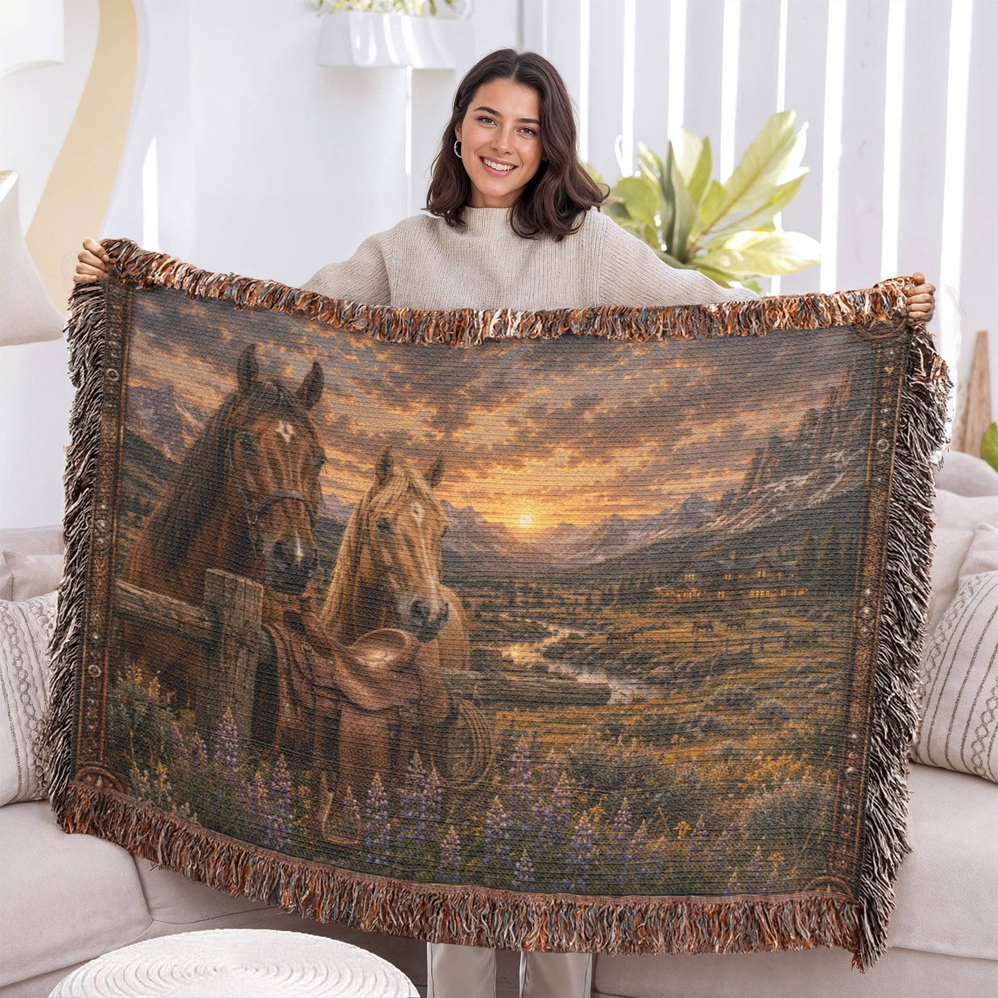 Western Horse & Saddle Throw | Rustic Ranch Decor | Mountain Sunset Blanket | Cowboy Gift