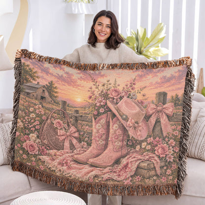 Pink Cowgirl Woven Blanket – Western Floral Throw, Cowboy Boots & Hat Farmhouse Decor