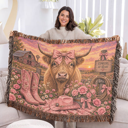 Cowgirl at Heart Woven Blanket – Highland Cow Western Throw, Pink Farmhouse Gift