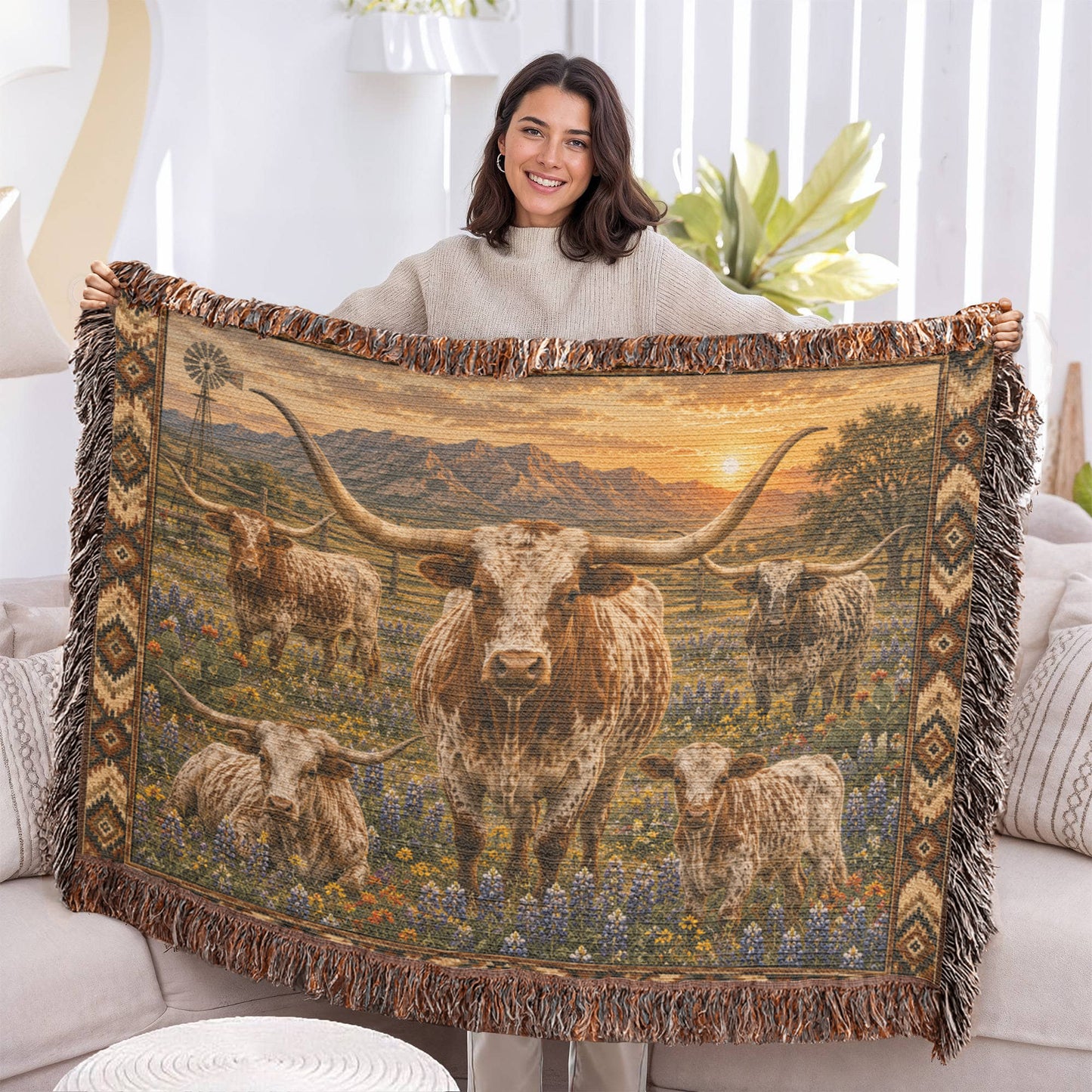 Texas Longhorn Woven Blanket | Western Ranch Throw | Rustic Farmhouse Decor | Longhorn Cattle Gift
