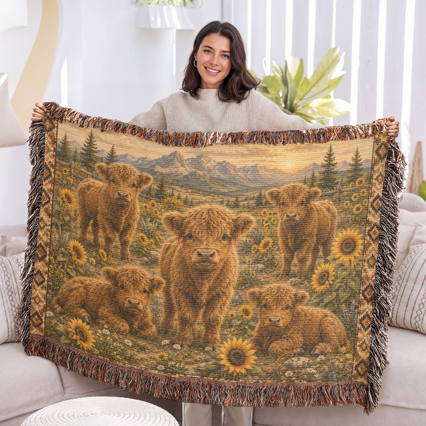 Highland Cow Calf Woven Blanket | Sunflower Farmhouse Throw