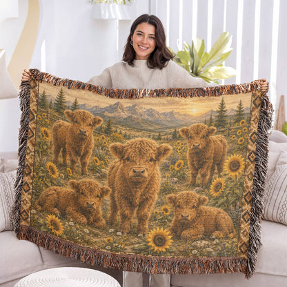 Highland Cow Calf Woven Blanket | Sunflower Farmhouse Throw