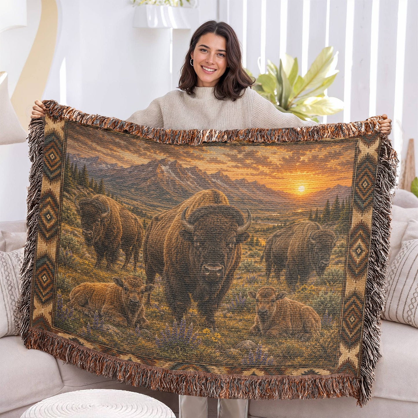 American Bison Woven Blanket | Rustic Western Throw | Buffalo Prairie Sunset Decor | Wildlife Cabin Gift