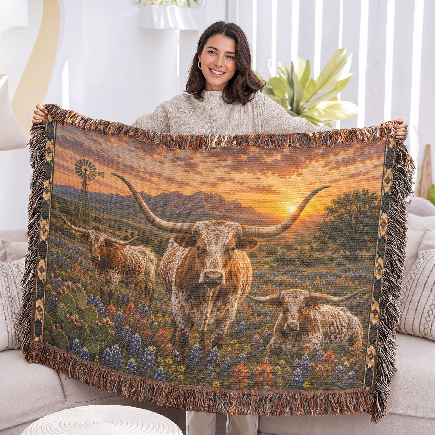 Texas Longhorn Bluebonnet Sunset Woven Blanket | Western Ranch Rustic Farmhouse Throw