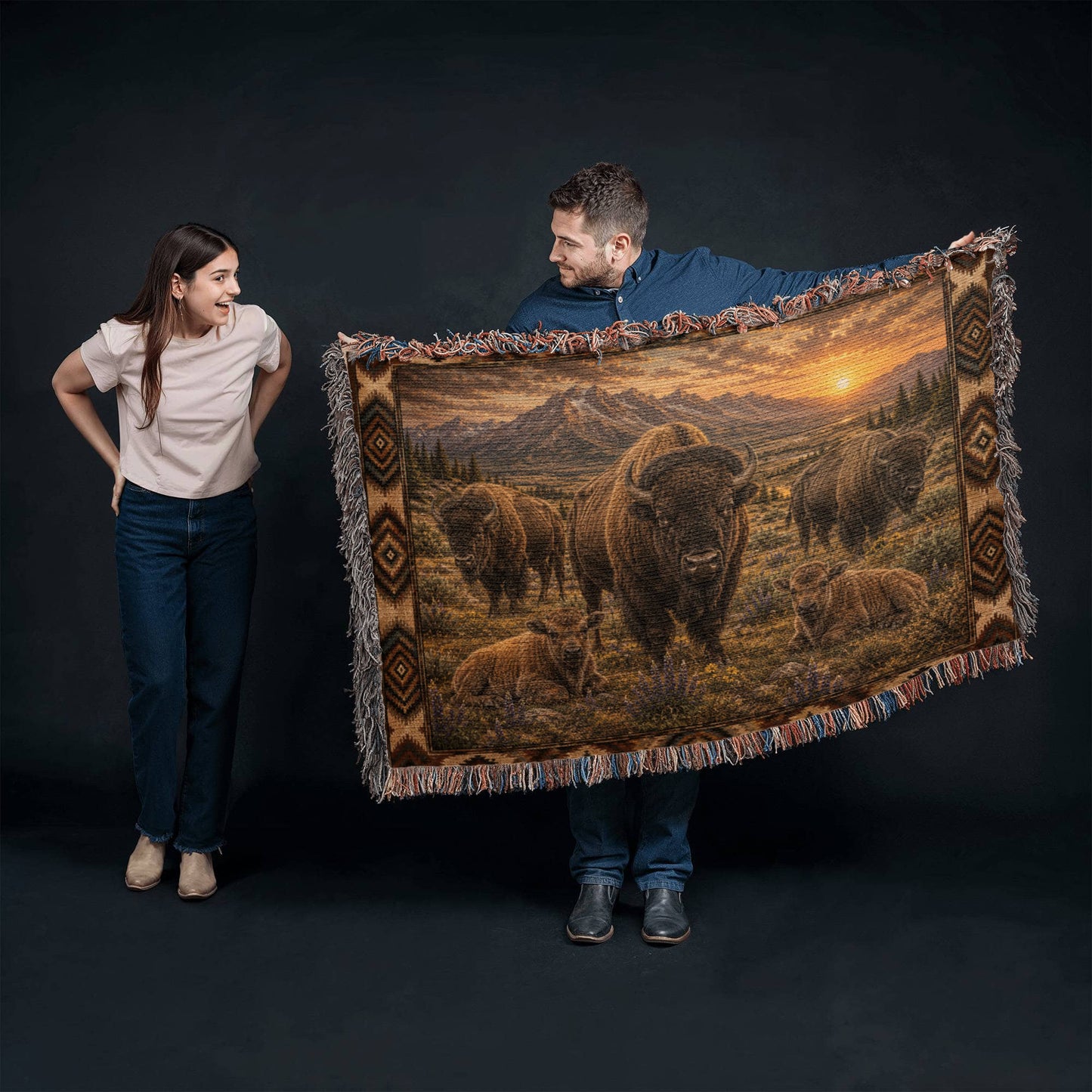 American Bison Woven Blanket | Rustic Western Throw | Buffalo Prairie Sunset Decor | Wildlife Cabin Gift
