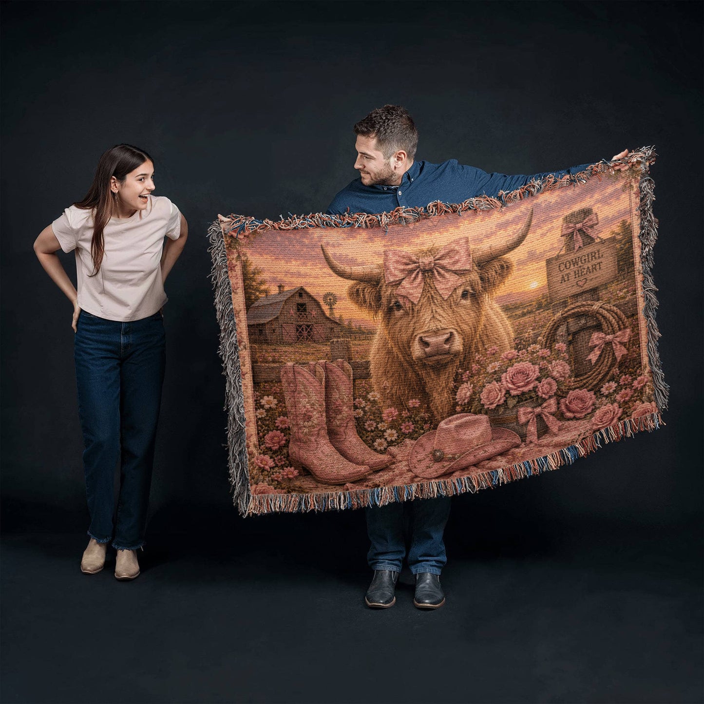Highland Cow Coquette Blanket – Pink Western Floral Cowgirl Woven Throw