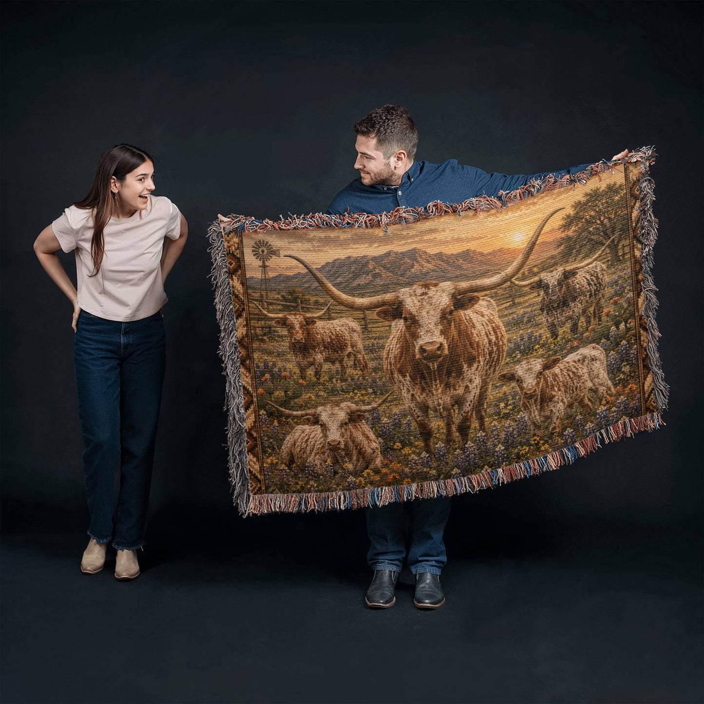 Texas Longhorn Woven Blanket | Western Ranch Throw | Rustic Farmhouse Decor | Longhorn Cattle Gift