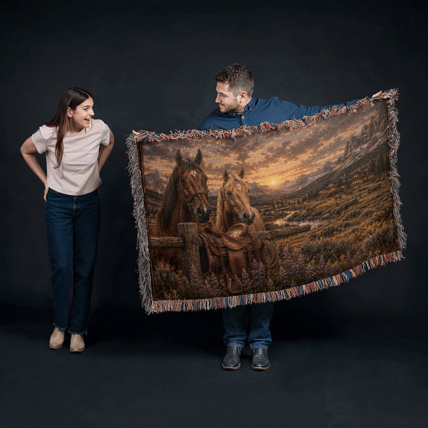Western Horse & Saddle Throw | Rustic Ranch Decor | Mountain Sunset Blanket | Cowboy Gift