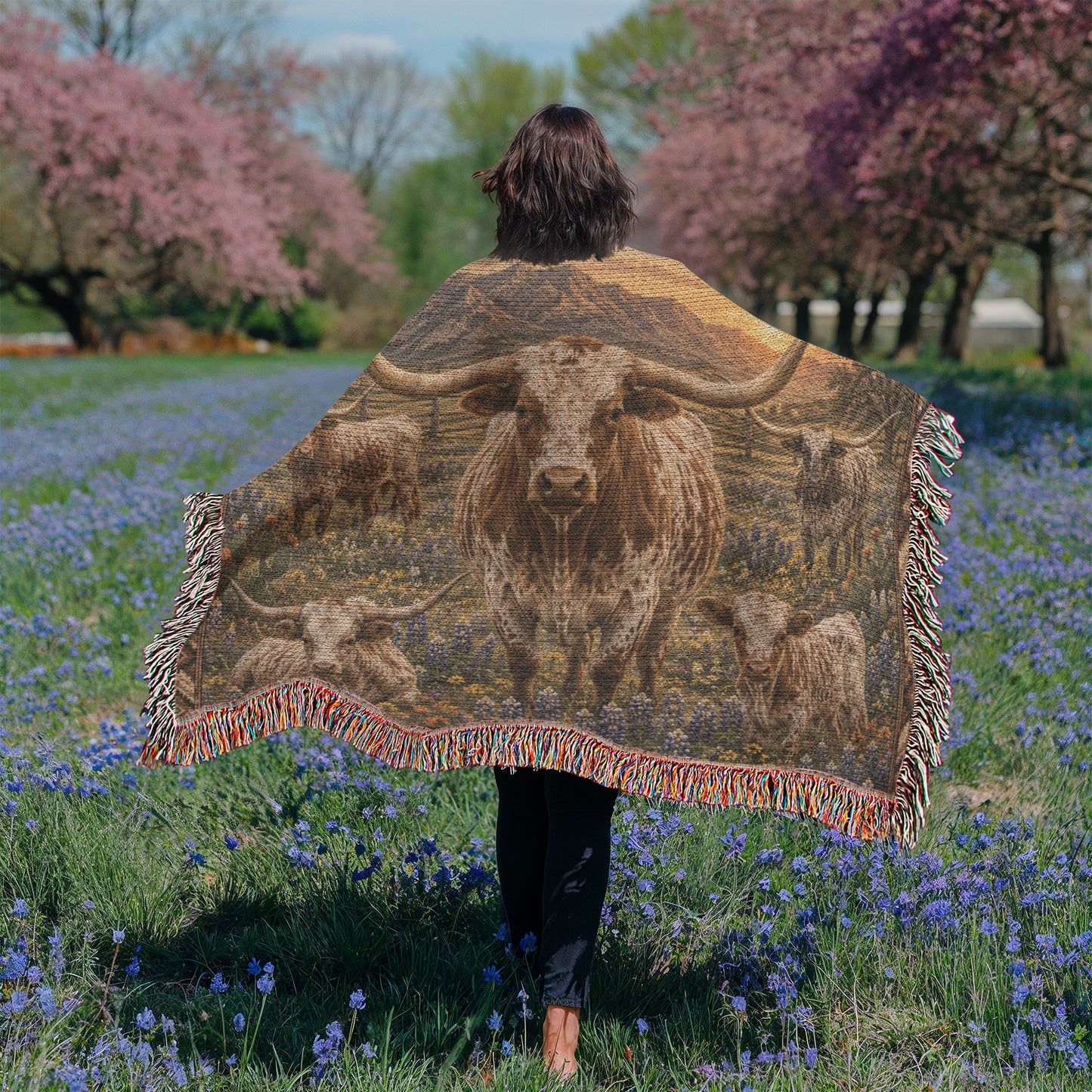 Texas Longhorn Woven Blanket | Western Ranch Throw | Rustic Farmhouse Decor | Longhorn Cattle Gift