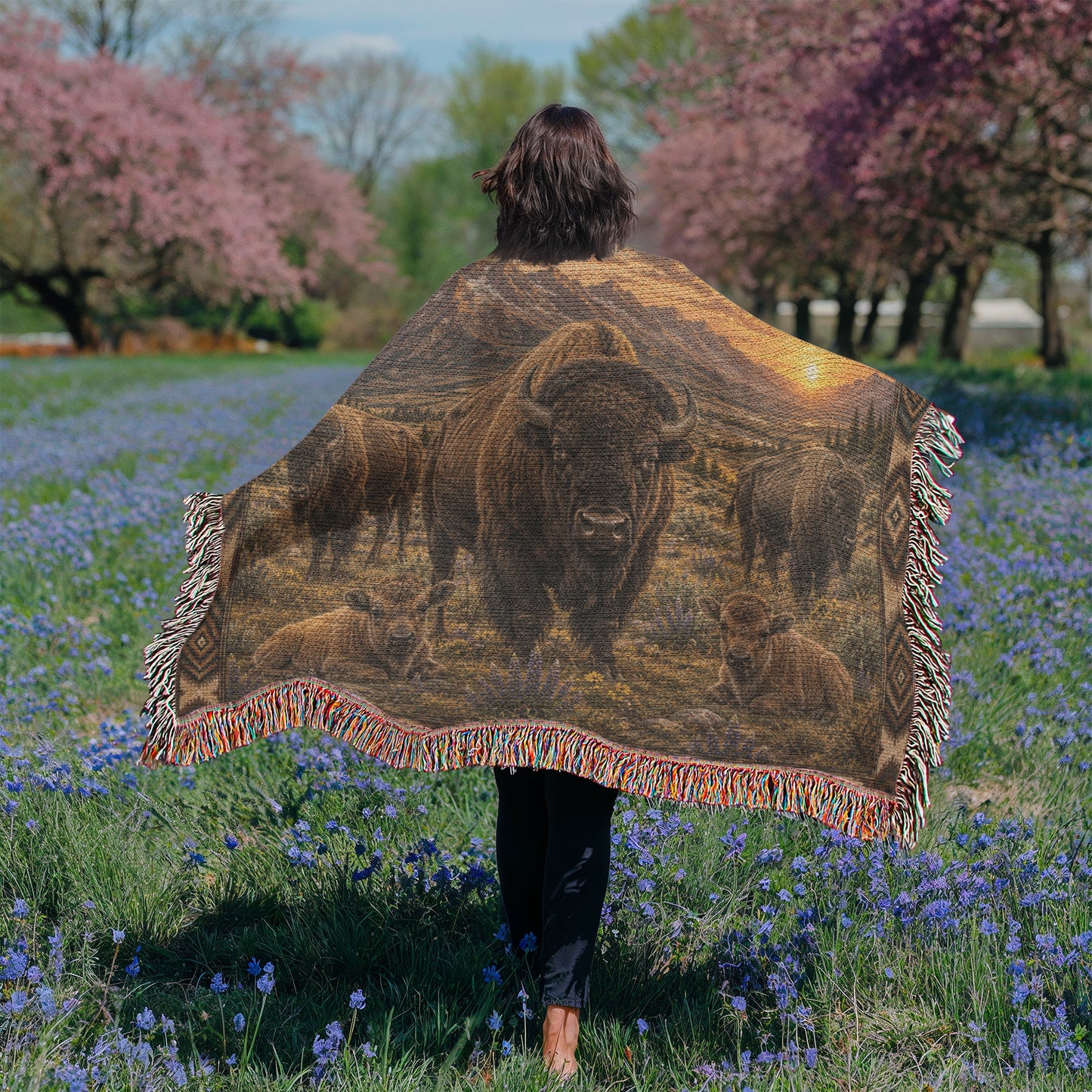 American Bison Woven Blanket | Rustic Western Throw | Buffalo Prairie Sunset Decor | Wildlife Cabin Gift