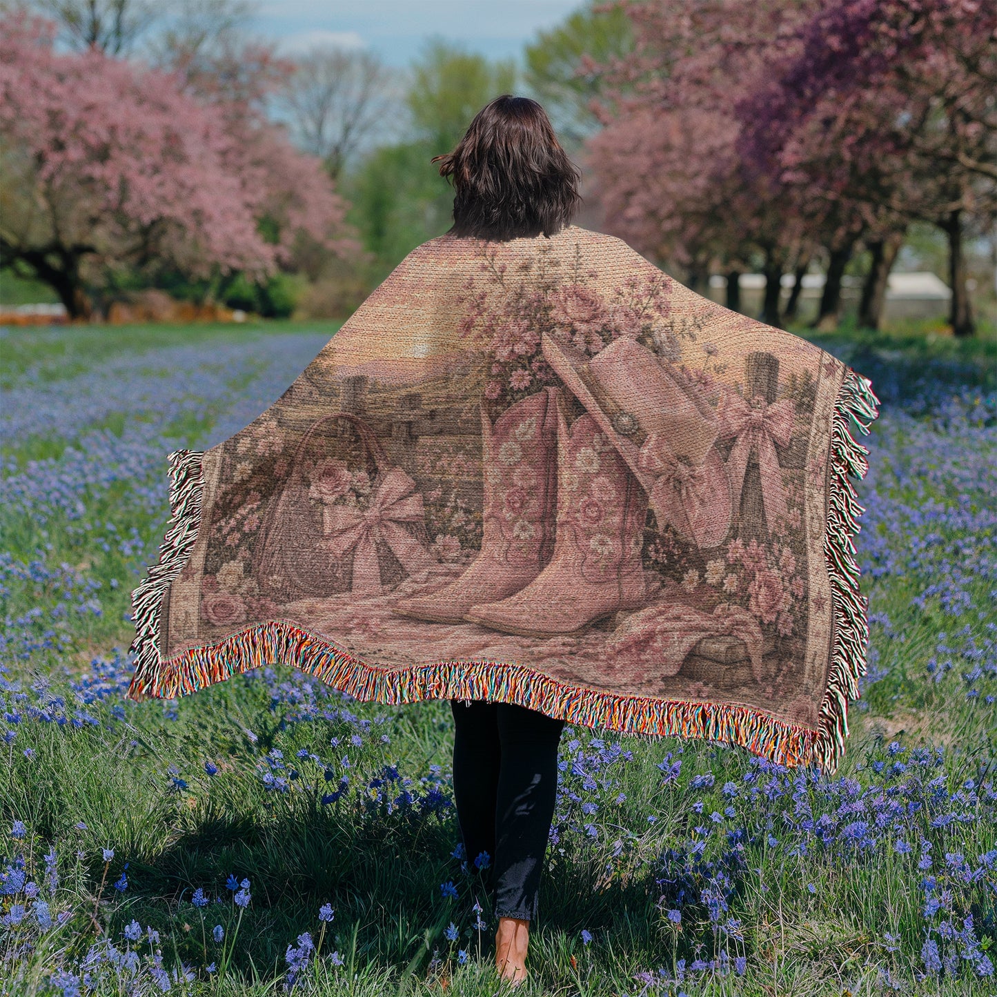 Pink Cowgirl Coquette Blanket – Floral Western Boots & Bows Woven Throw