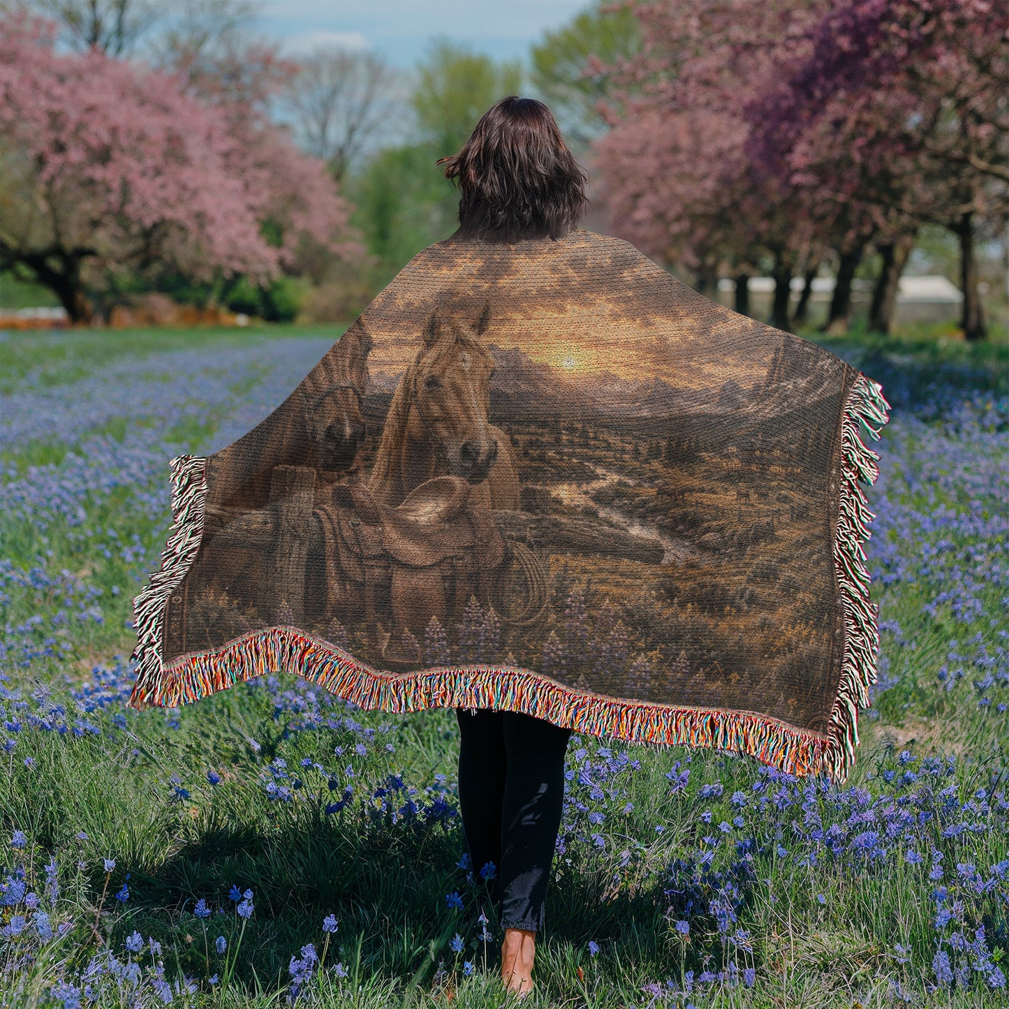 Western Horse & Saddle Throw | Rustic Ranch Decor | Mountain Sunset Blanket | Cowboy Gift