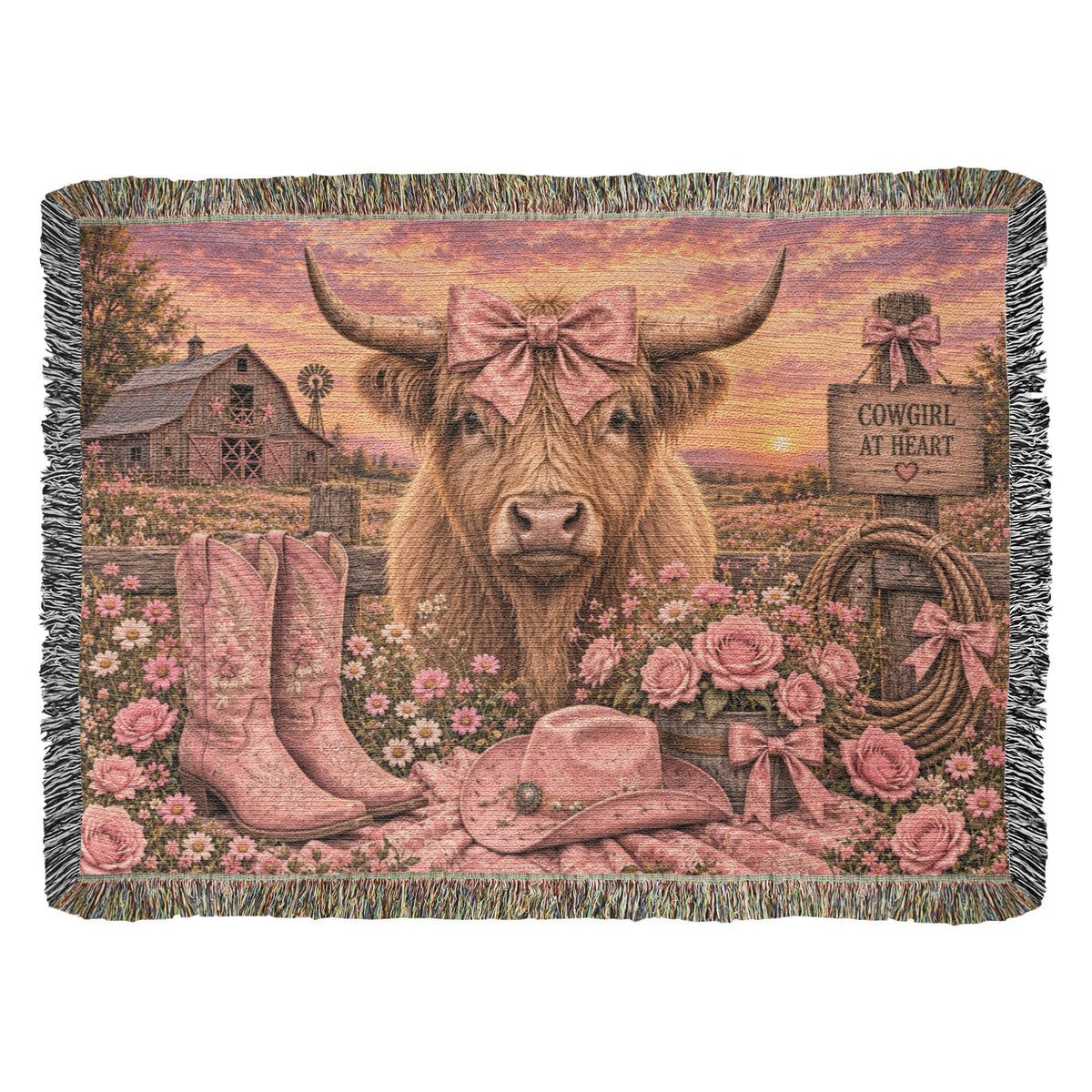 Cowgirl at Heart Woven Blanket – Highland Cow Western Throw, Pink Farmhouse Gift