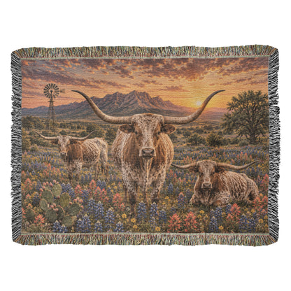 Texas Longhorn Woven Blanket – Western Sunset Throw, Bluebonnet Ranch Decor