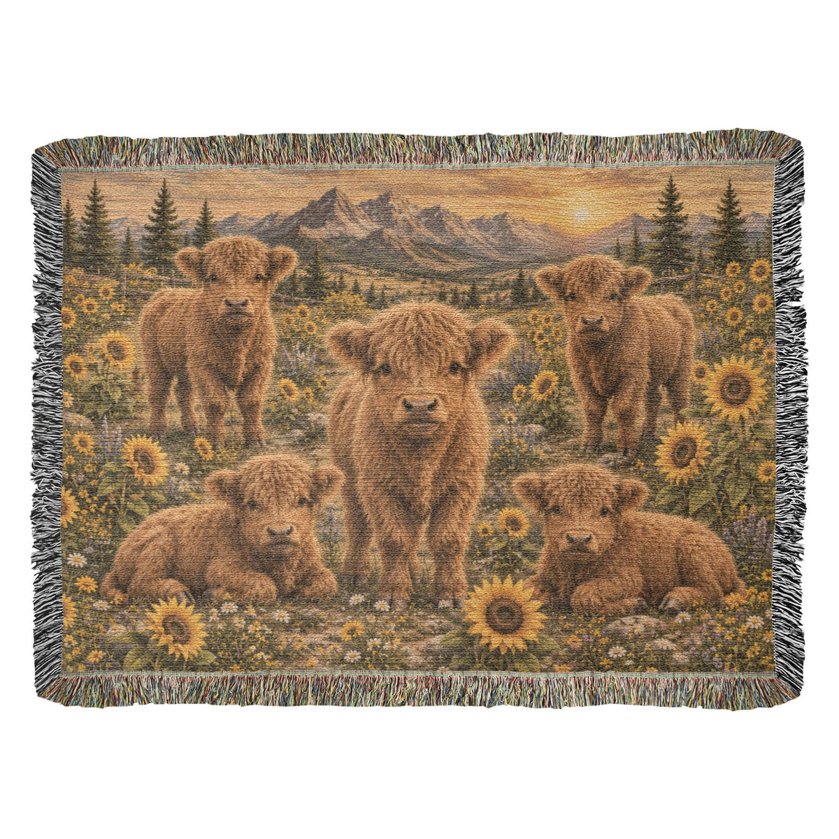 Highland Cow Woven Blanket – Sunflower Calf Throw, Rustic Farmhouse Decor