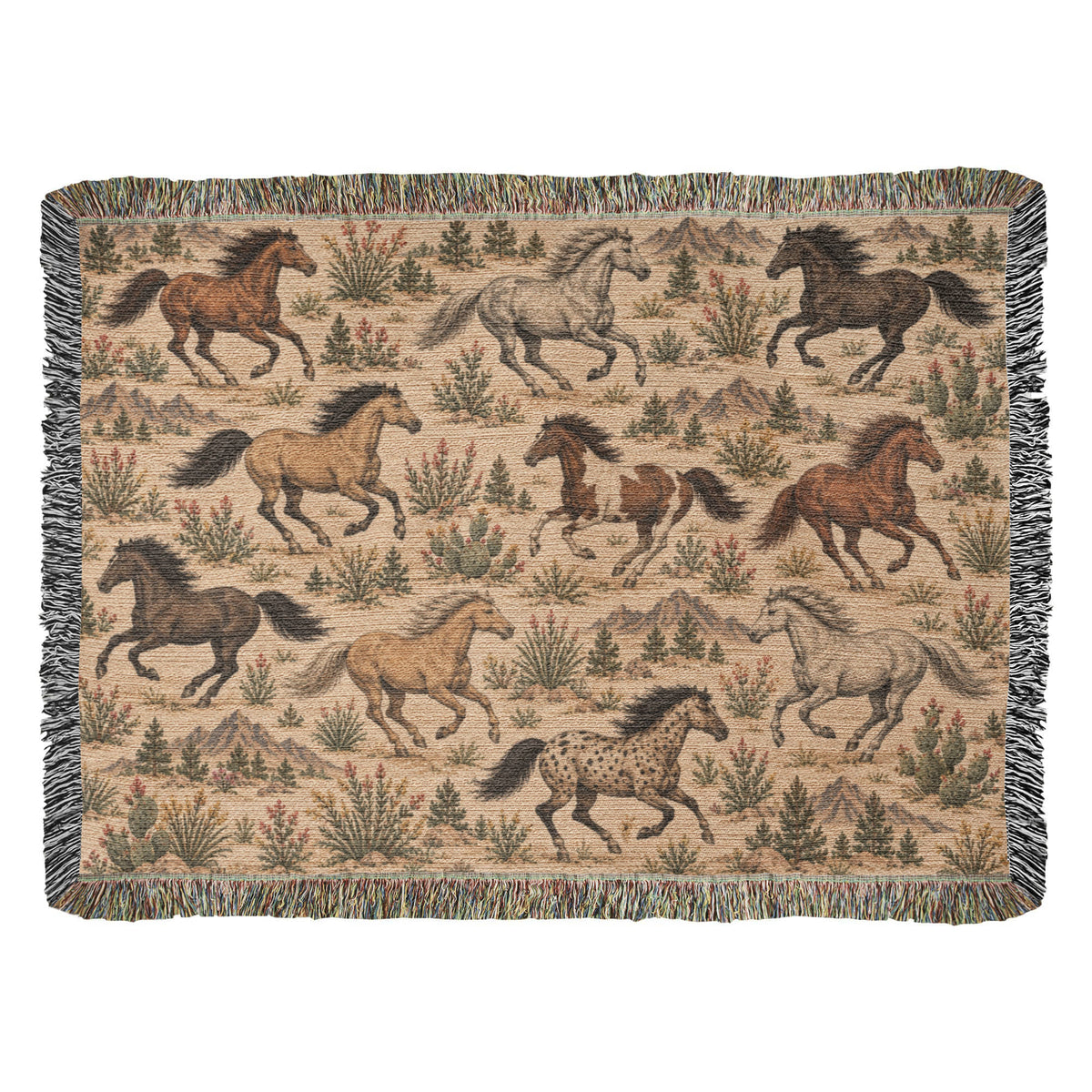 Western Horse Woven Blanket – Galloping Horses Desert Throw, Rustic Ranch Decor