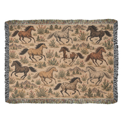 Western Horse Woven Blanket – Galloping Horses Desert Throw, Rustic Ranch Decor