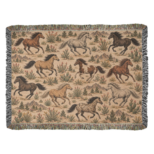Western Horse Woven Blanket – Galloping Horses Desert Throw, Rustic Ranch Decor