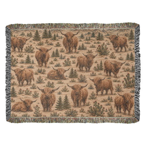 Highland Cow Woven Blanket – Rustic Western Ranch Throw, Neutral Farmhouse Decor