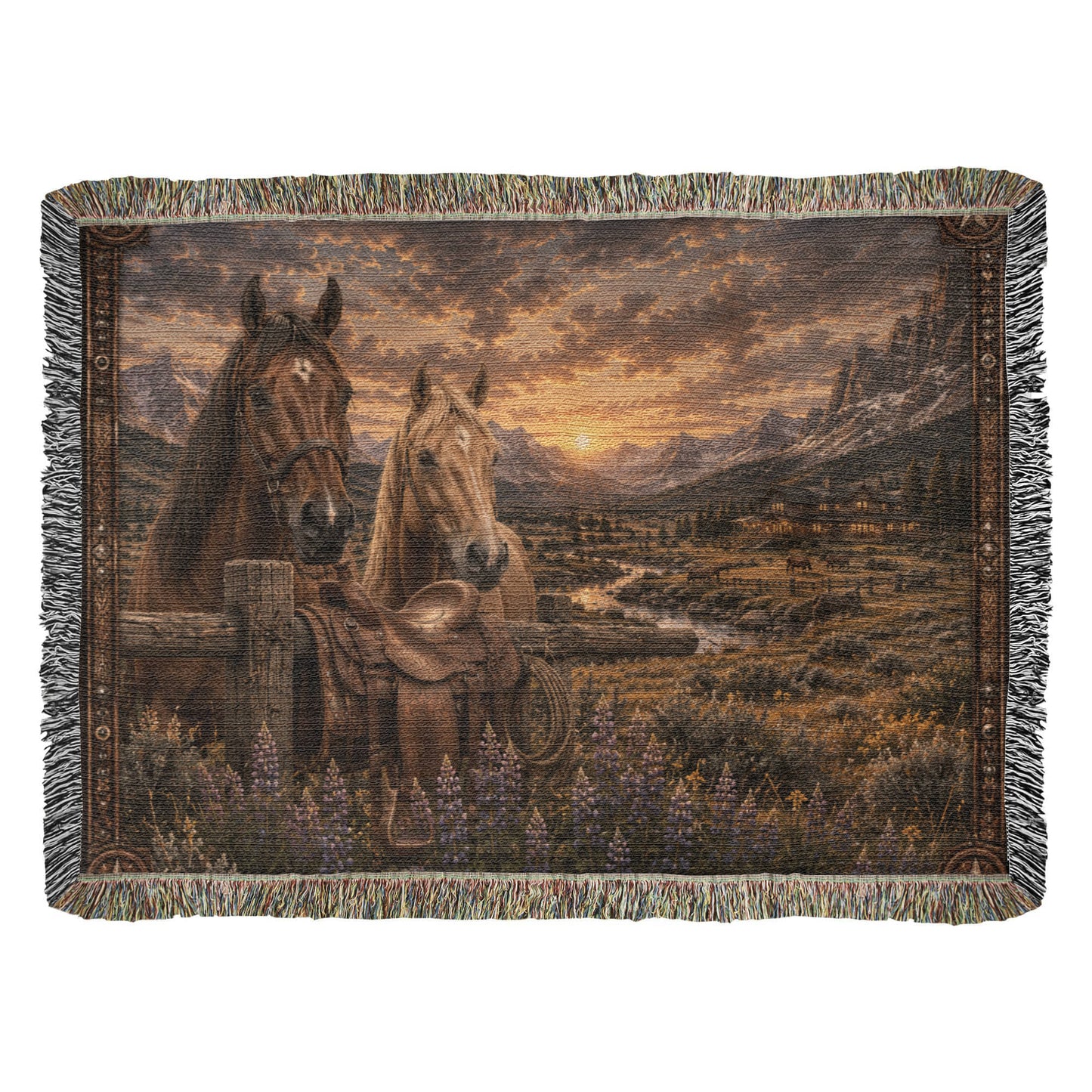 Western Horse & Saddle Throw | Rustic Ranch Decor | Mountain Sunset Blanket | Cowboy Gift