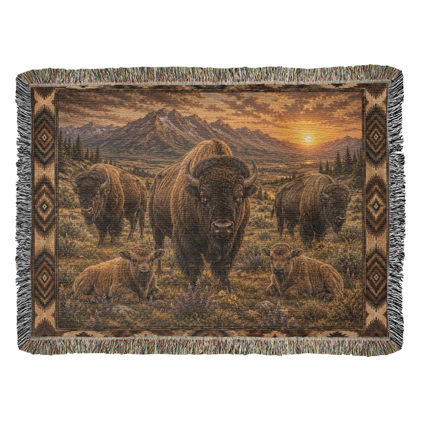 American Bison Woven Blanket | Rustic Western Throw | Buffalo Prairie Sunset Decor | Wildlife Cabin Gift