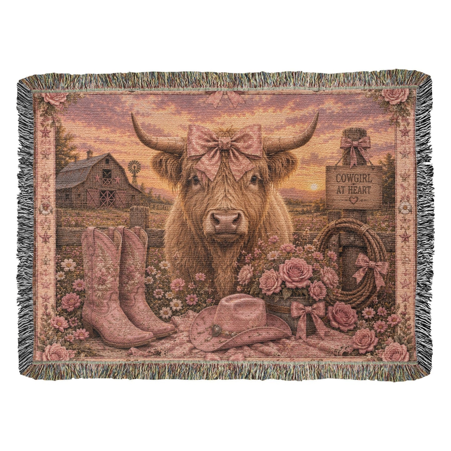 Highland Cow Coquette Blanket – Pink Western Floral Cowgirl Woven Throw