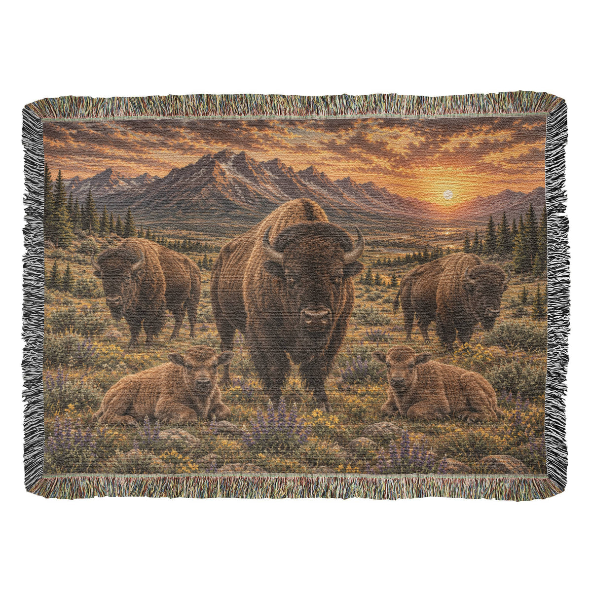 Bison Family Woven Blanket – Western Mountain Sunset Throw, Rustic Wildlife Decor