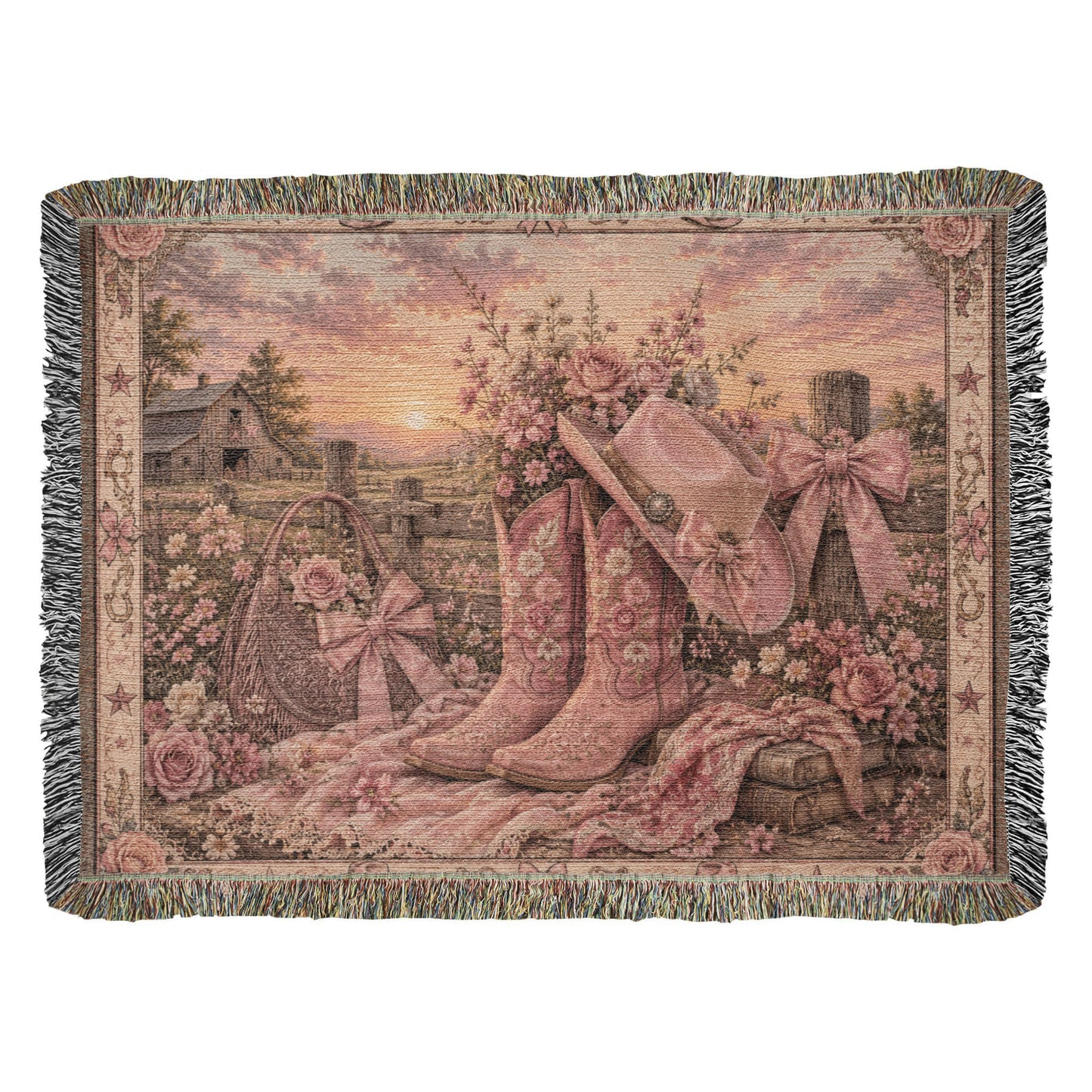 Pink Cowgirl Coquette Blanket – Floral Western Boots & Bows Woven Throw