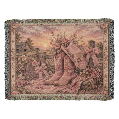 Pink Cowgirl Coquette Woven Blanket | Floral Western Throw