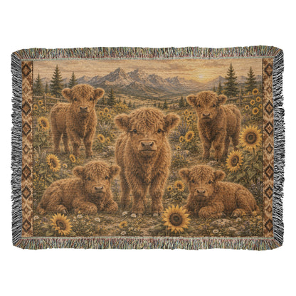 Highland Cow Calf Woven Blanket | Sunflower Farmhouse Throw