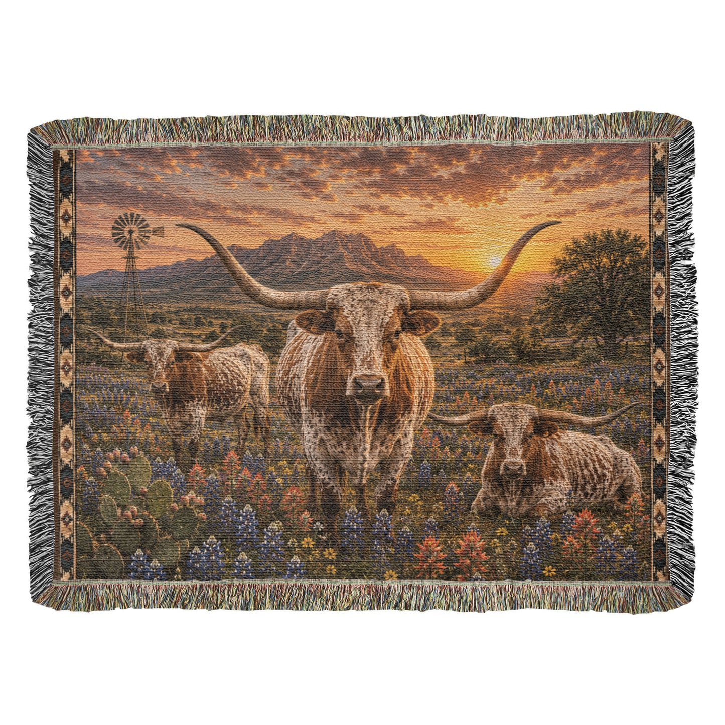 Texas Longhorn Bluebonnet Sunset Woven Blanket | Western Ranch Rustic Farmhouse Throw