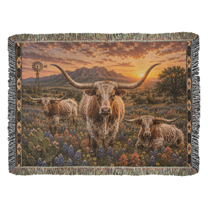 Texas Longhorn Bluebonnet Woven Blanket | Western Ranch Gift