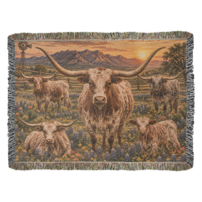 Texas Longhorn Family Woven Blanket – Western Bluebonnet Ranch Throw