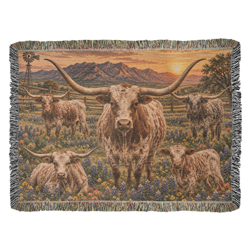 Texas Longhorn Family Woven Blanket – Western Bluebonnet Ranch Throw