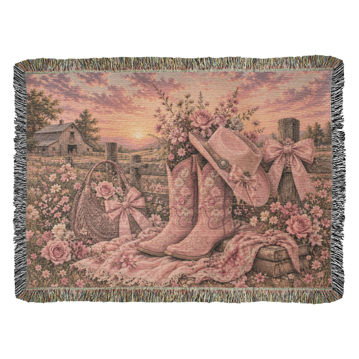 Pink Cowgirl Woven Blanket – Western Floral Throw, Cowboy Boots & Hat Farmhouse Decor