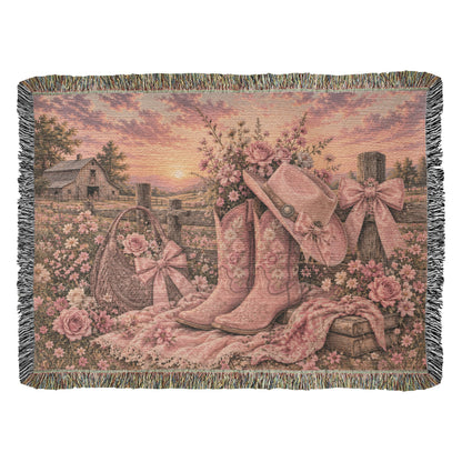 Pink Cowgirl Woven Blanket – Western Floral Throw, Cowboy Boots & Hat Farmhouse Decor