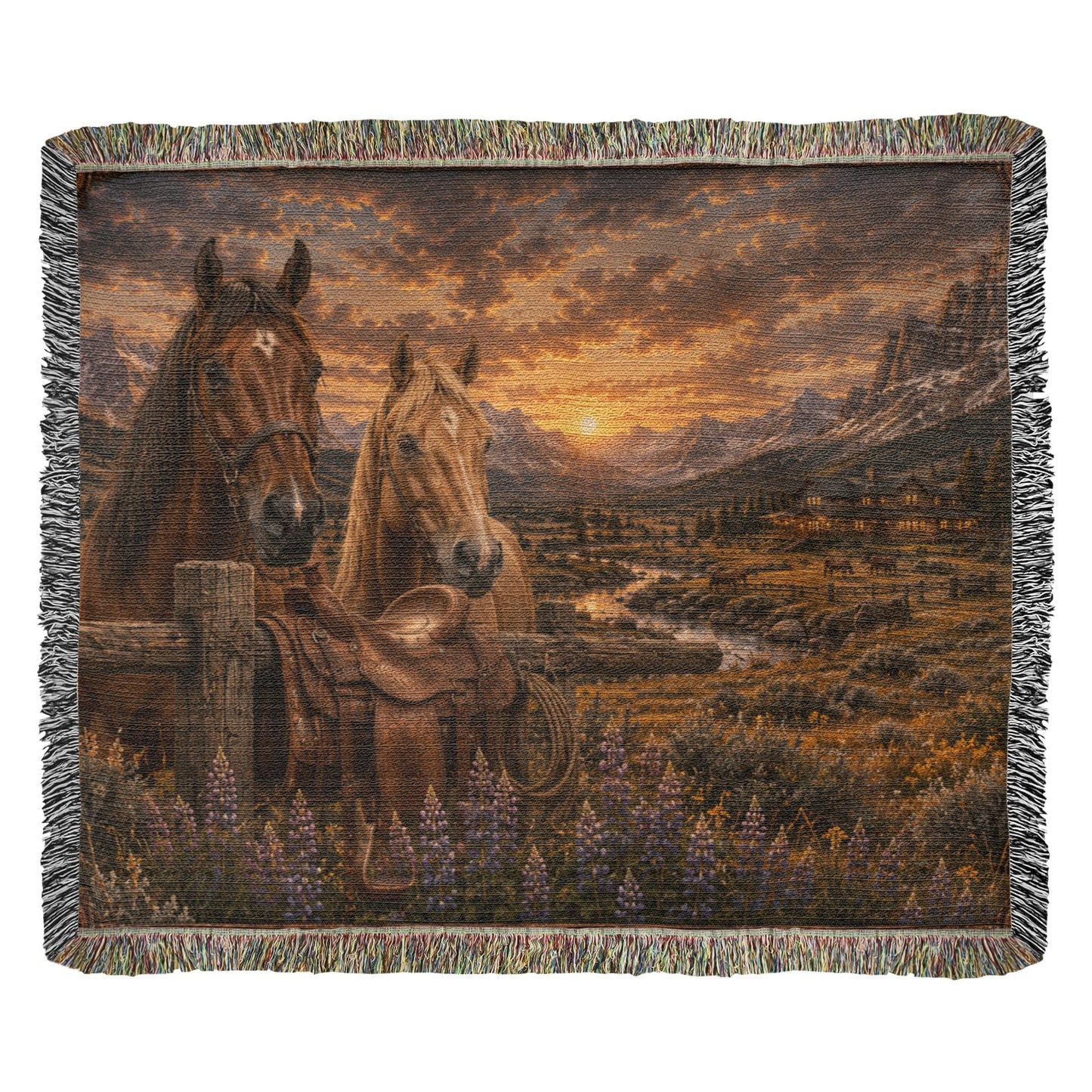 Western Horse & Saddle Throw | Rustic Ranch Decor | Mountain Sunset Blanket | Cowboy Gift